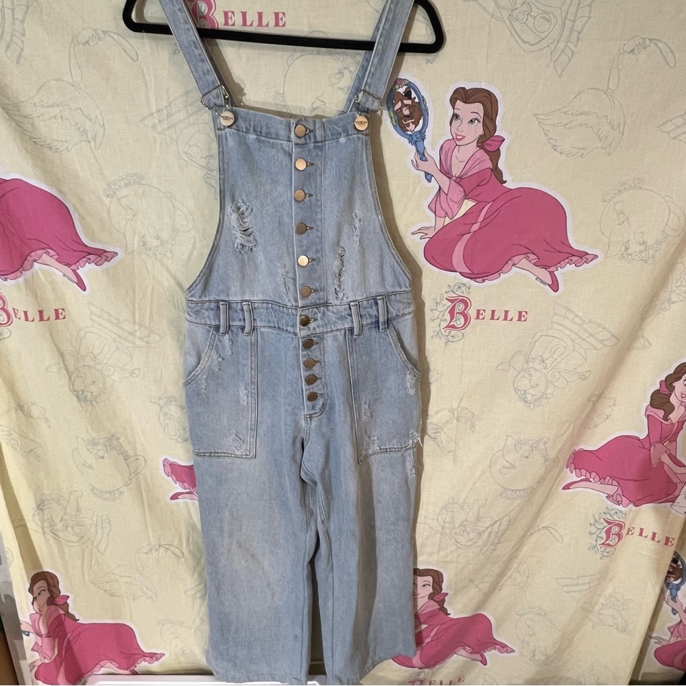 Women's Distressed Casual Light Blue Denim Button Overalls